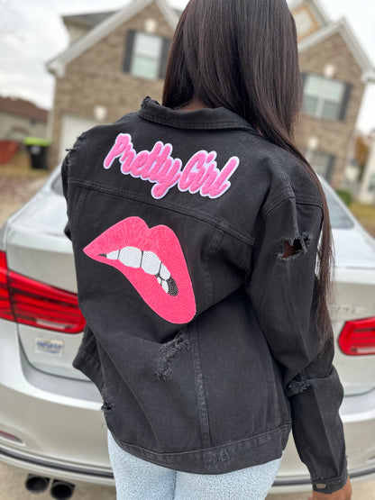 Oversized Distressed Pretty Girl Patch Jacket
